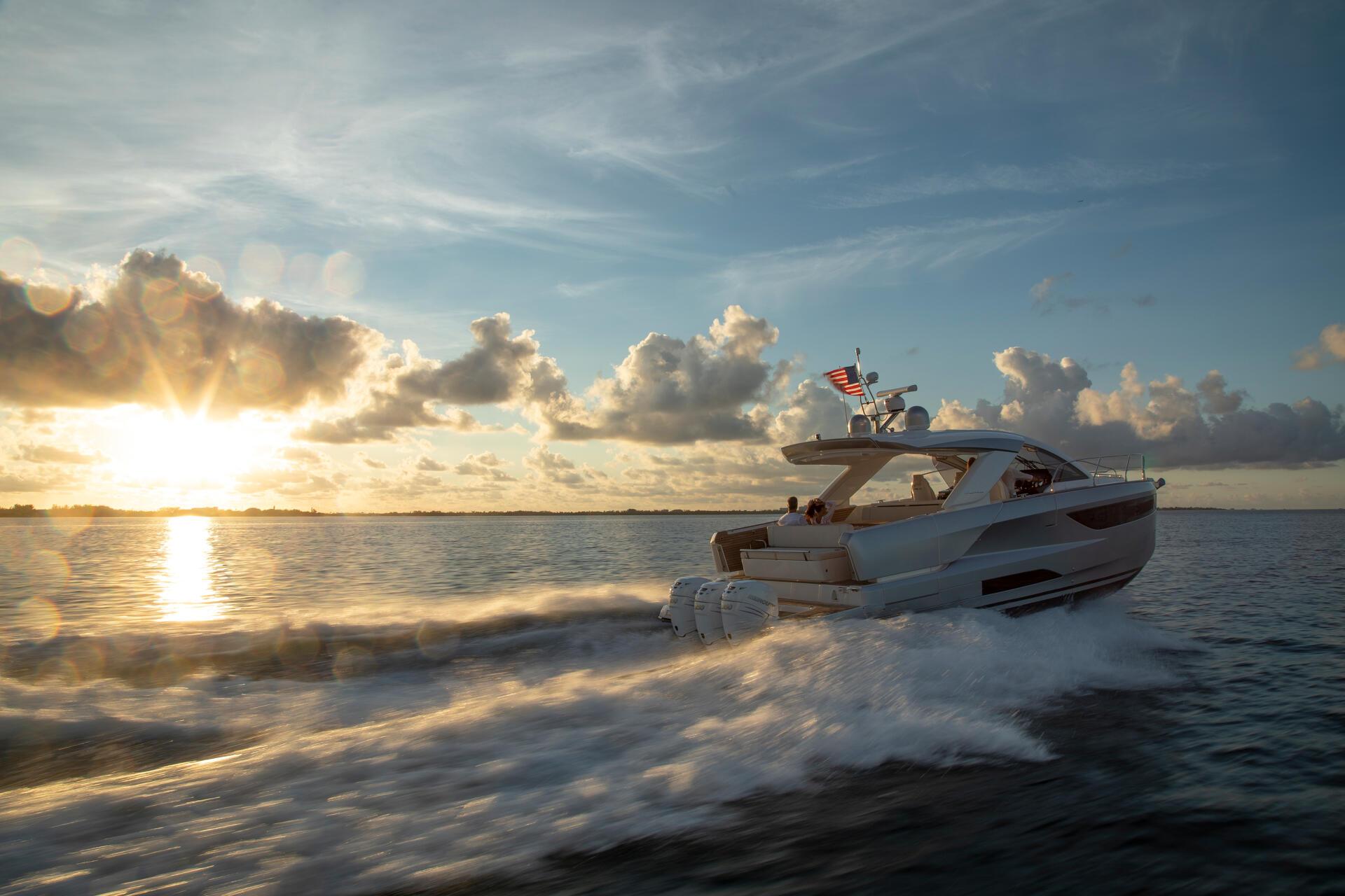 Luxury yacht cruising at sunset on pristine waters