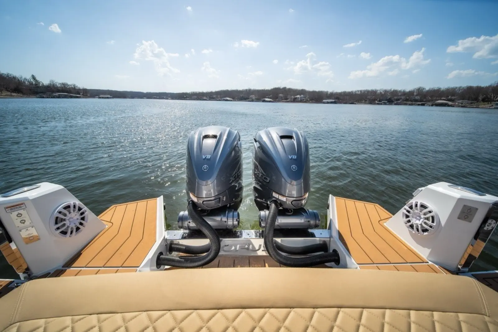 Yacht stern with twin engines on Lake of the Ozarks